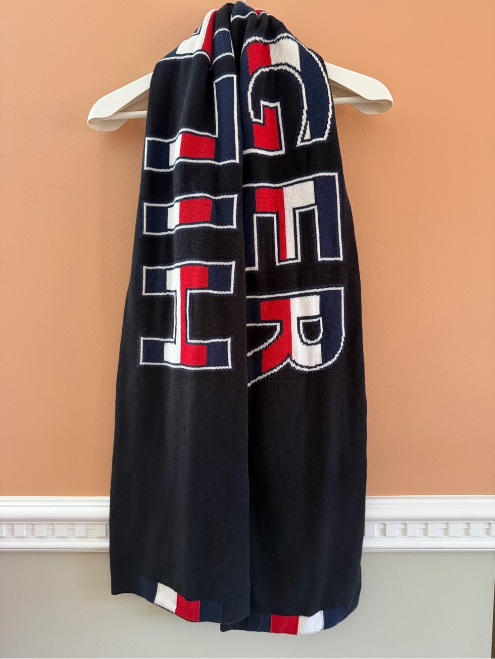 Tommy Hilfiger Navy Knit Scarf with Red & White Logo Accent